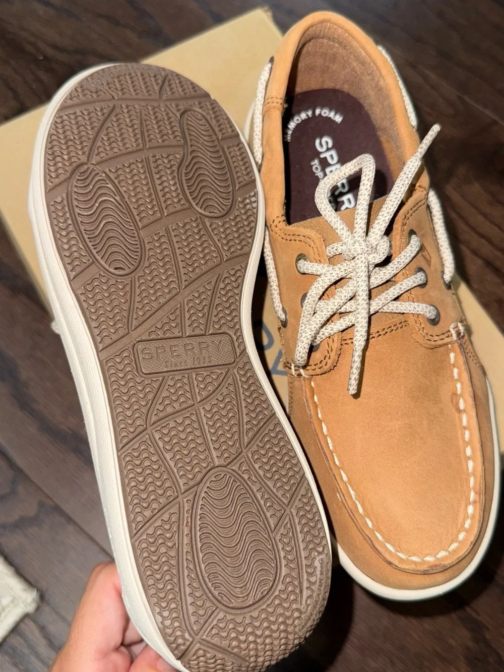 Sperry Kids Tan Leather Moccasin Boat Shoes with Cream Laces
